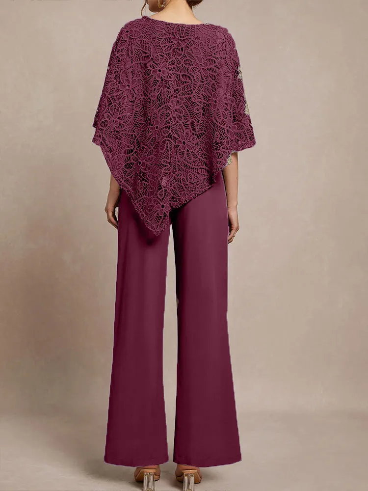 3 Pieces Lace Cape Chiffon Mother of the Bride Pant Suits