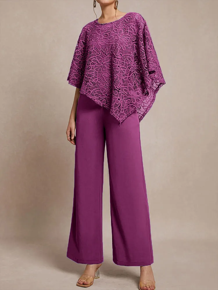 3 Pieces Lace Cape Chiffon Mother of the Bride Pant Suits