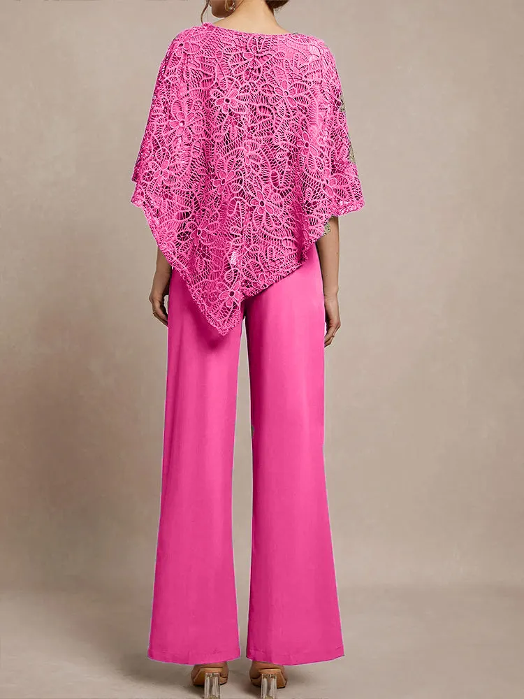 3 Pieces Lace Cape Chiffon Mother of the Bride Pant Suits