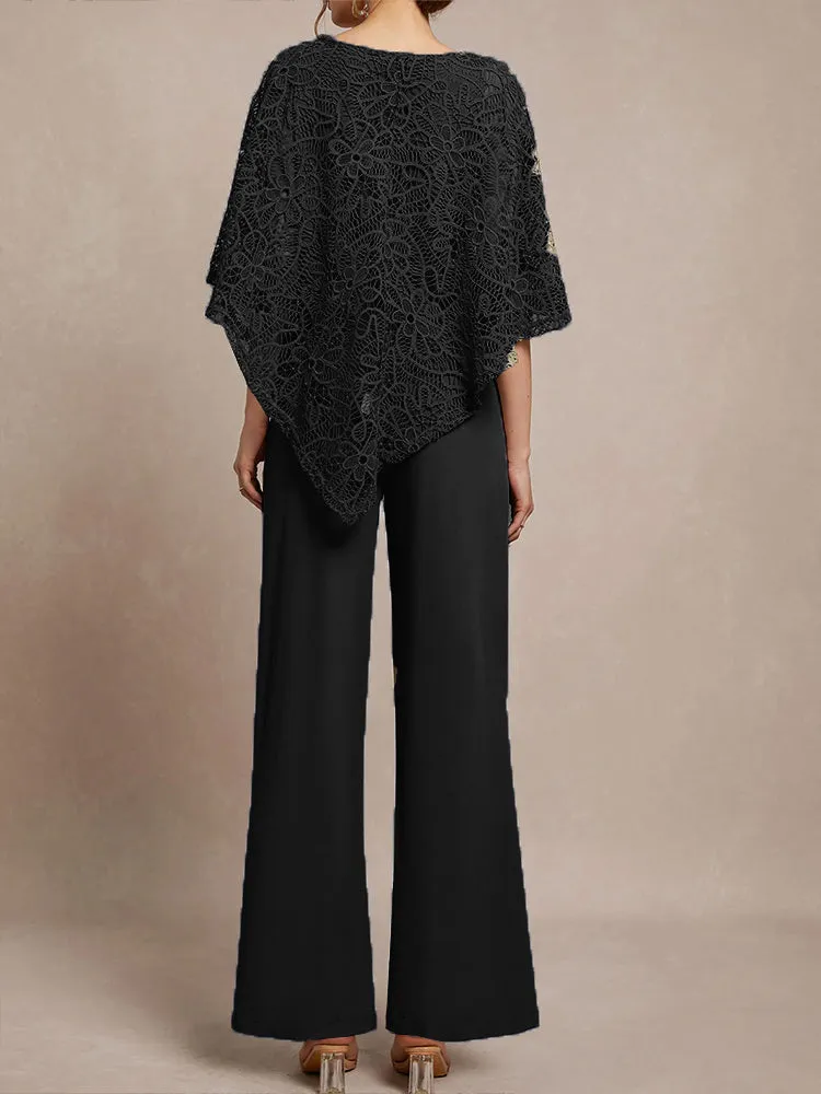 3 Pieces Lace Cape Chiffon Mother of the Bride Pant Suits
