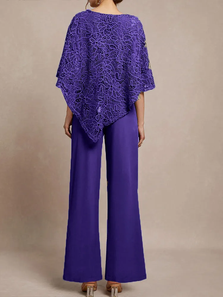 3 Pieces Lace Cape Chiffon Mother of the Bride Pant Suits