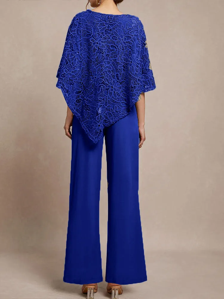 3 Pieces Lace Cape Chiffon Mother of the Bride Pant Suits