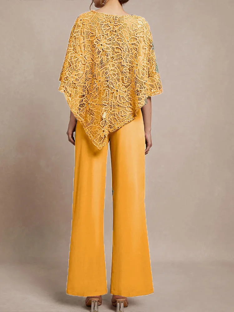 3 Pieces Lace Cape Chiffon Mother of the Bride Pant Suits
