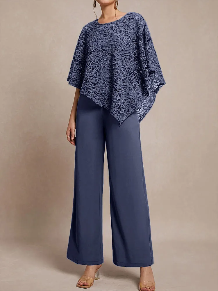 3 Pieces Lace Cape Chiffon Mother of the Bride Pant Suits