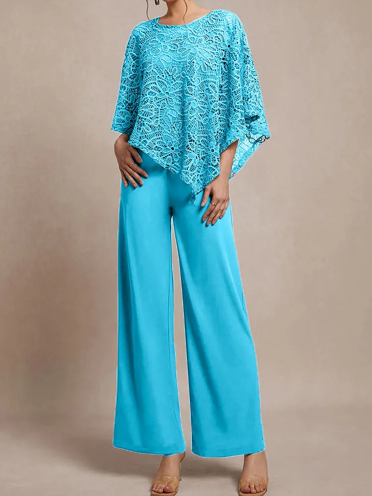 3 Pieces Lace Cape Chiffon Mother of the Bride Pant Suits