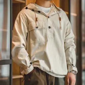 American Retro Stormproof Hoodie – Beige & White Deck Jacket for Men, Four-Season Casual Style