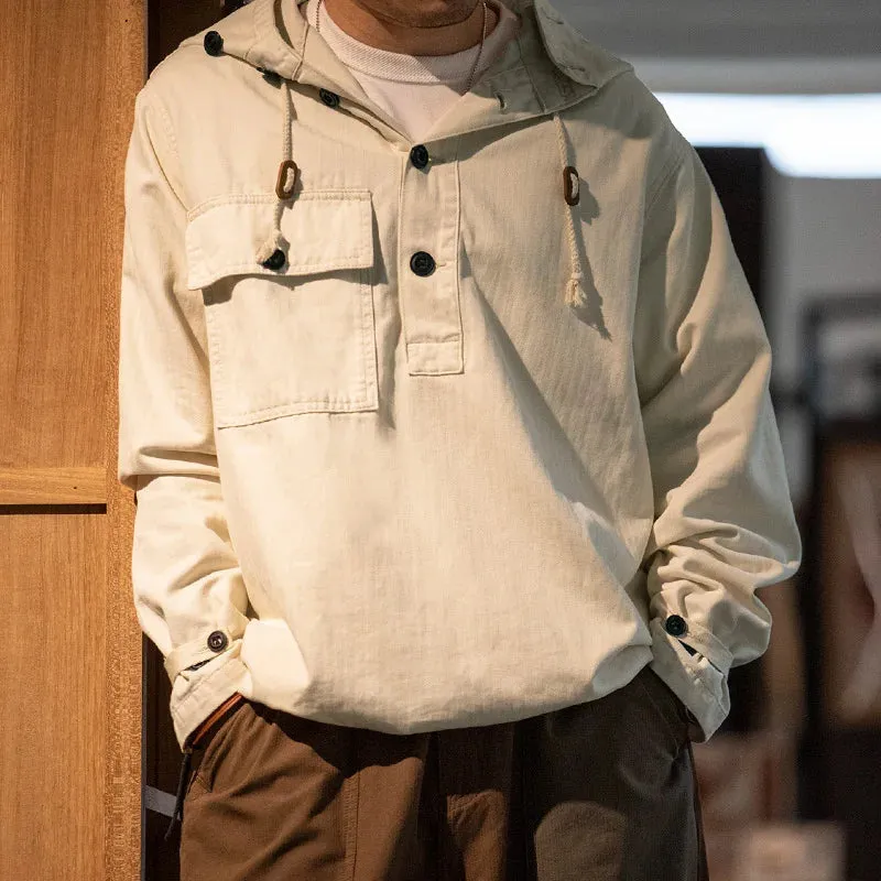 American Retro Stormproof Hoodie – Beige & White Deck Jacket for Men, Four-Season Casual Style