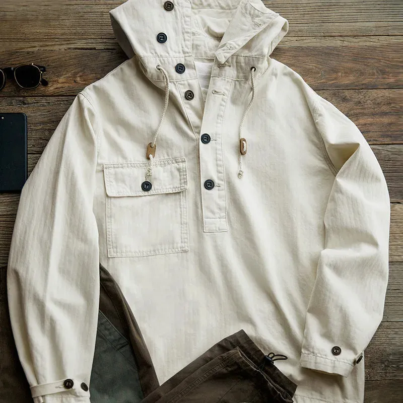 American Retro Stormproof Hoodie – Beige & White Deck Jacket for Men, Four-Season Casual Style