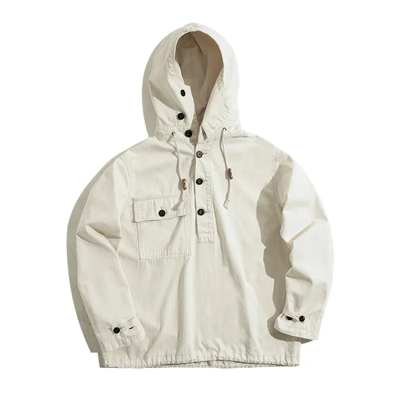 American Retro Stormproof Hoodie – Beige & White Deck Jacket for Men, Four-Season Casual Style