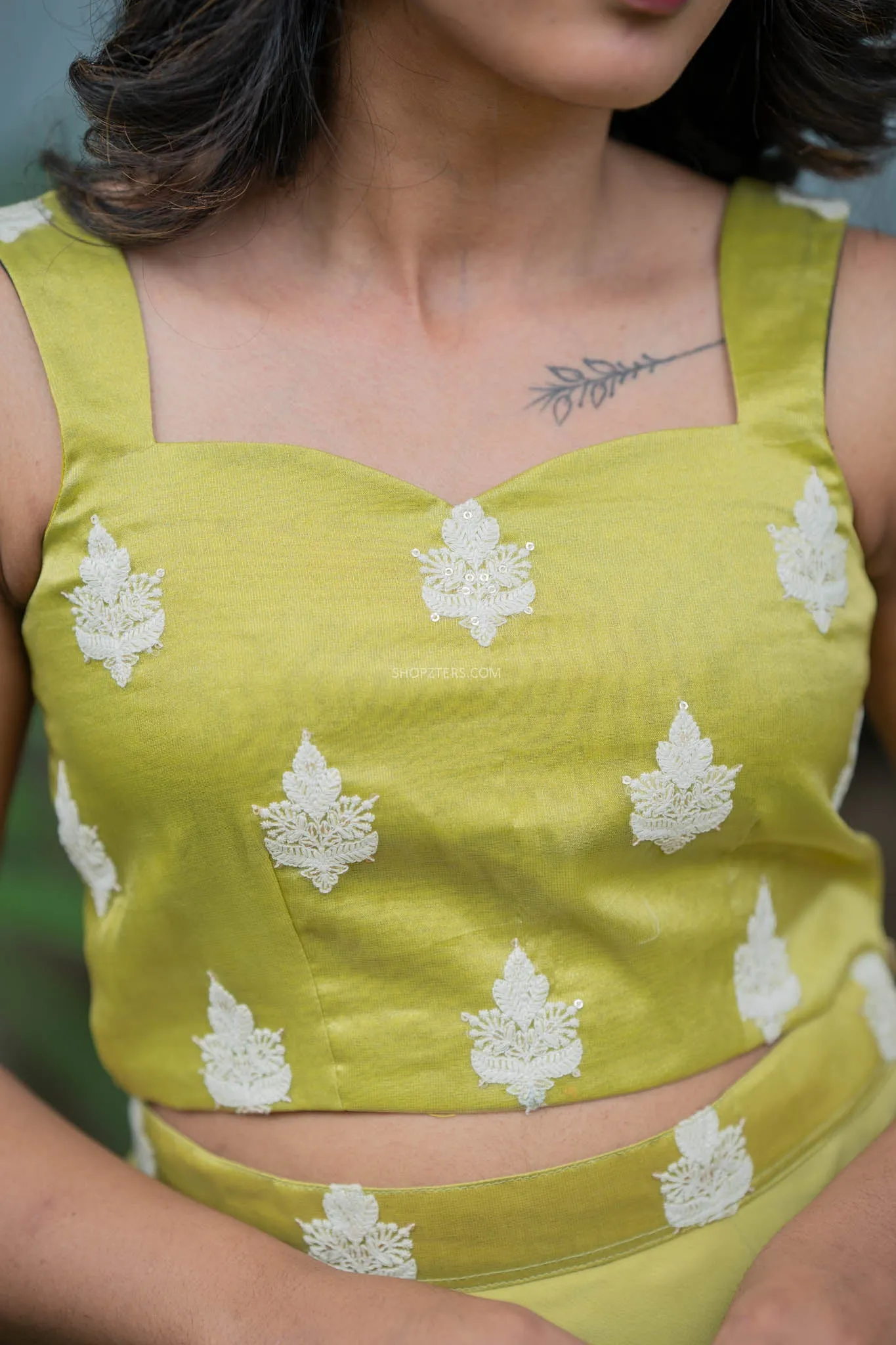 Apple Green Crop Top & Skirt With Embroidery & Sequins