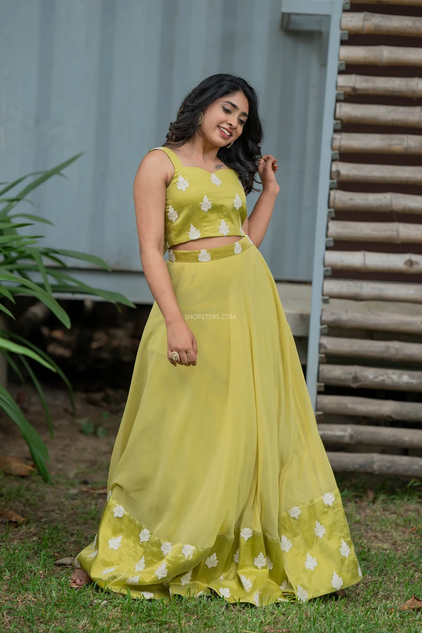 Apple Green Crop Top & Skirt With Embroidery & Sequins
