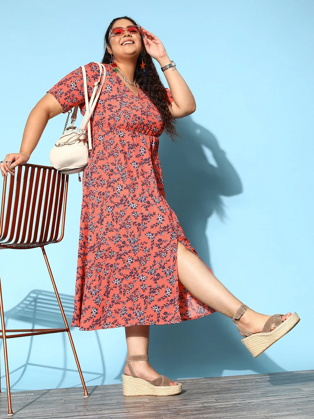 Berrylush Women Plus Size Orange & Blue Floral Printed V-Neck Crepe Front-Slit Flared A-Line Maxi Dress