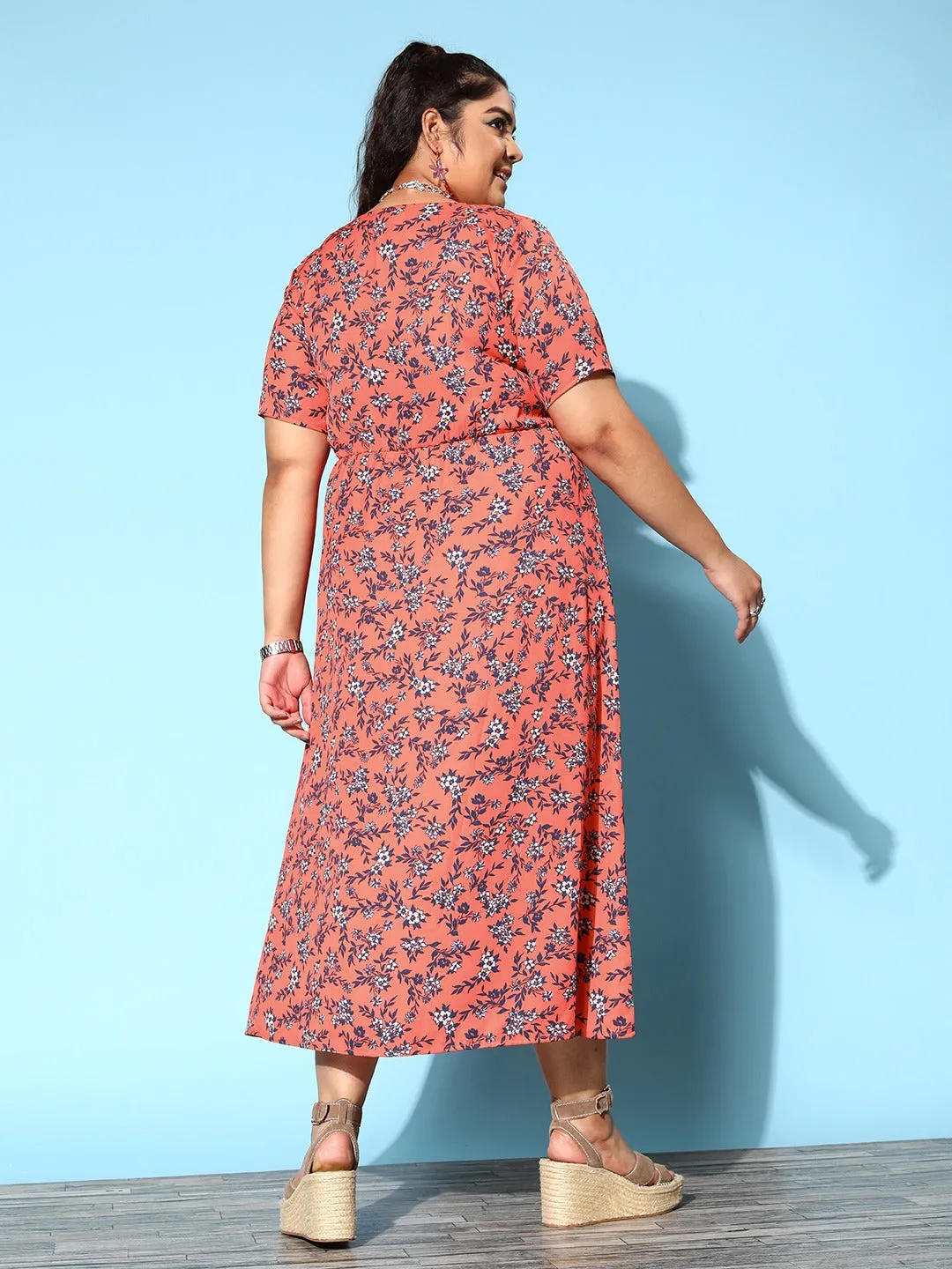 Berrylush Women Plus Size Orange & Blue Floral Printed V-Neck Crepe Front-Slit Flared A-Line Maxi Dress