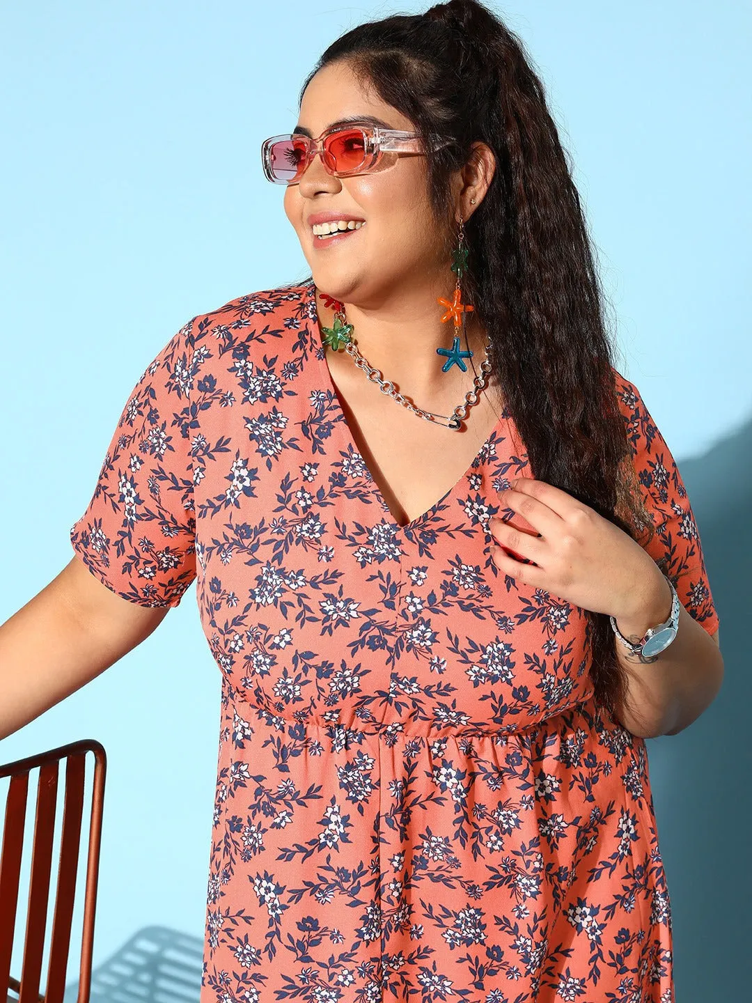 Berrylush Women Plus Size Orange & Blue Floral Printed V-Neck Crepe Front-Slit Flared A-Line Maxi Dress