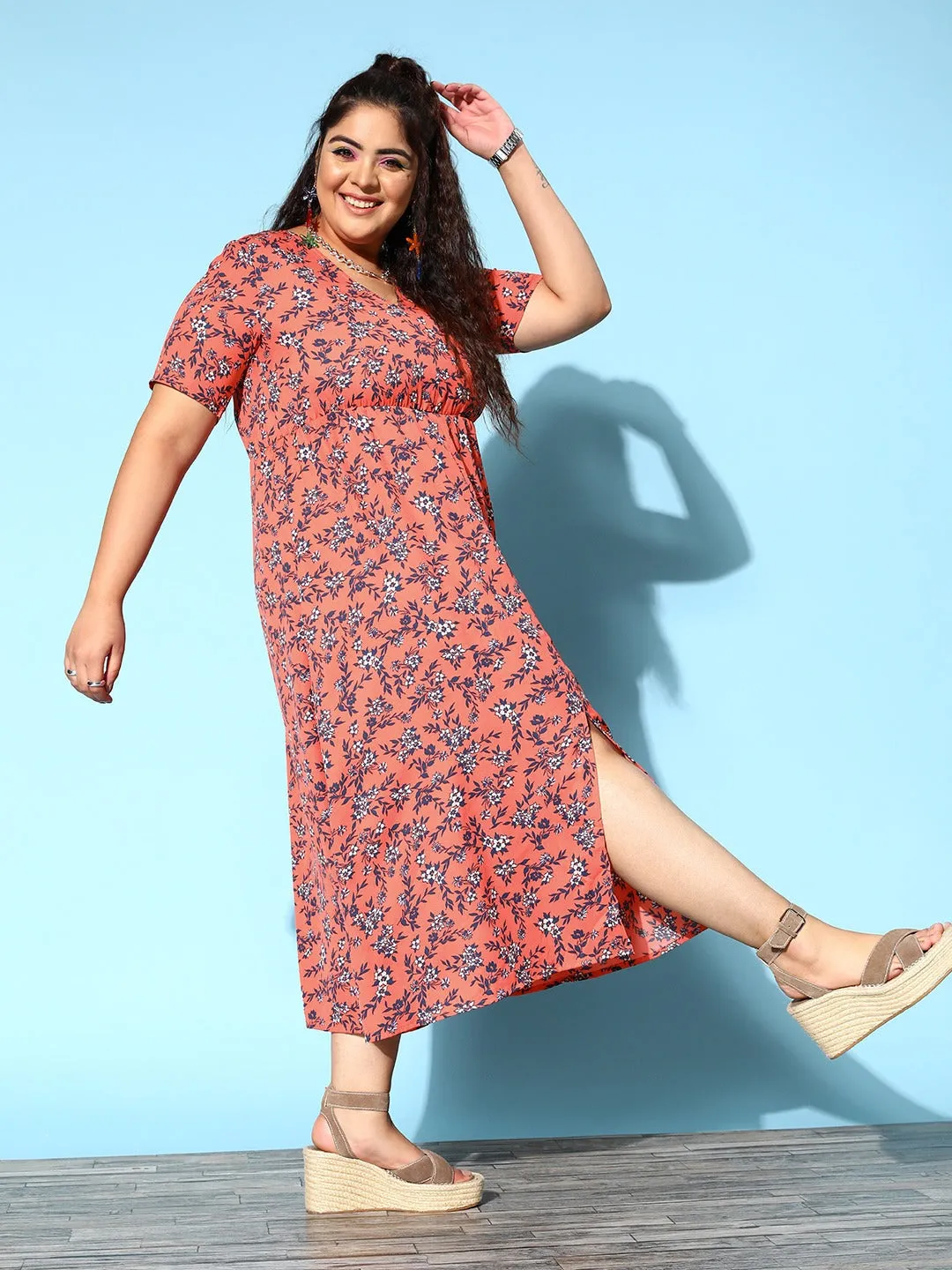 Berrylush Women Plus Size Orange & Blue Floral Printed V-Neck Crepe Front-Slit Flared A-Line Maxi Dress