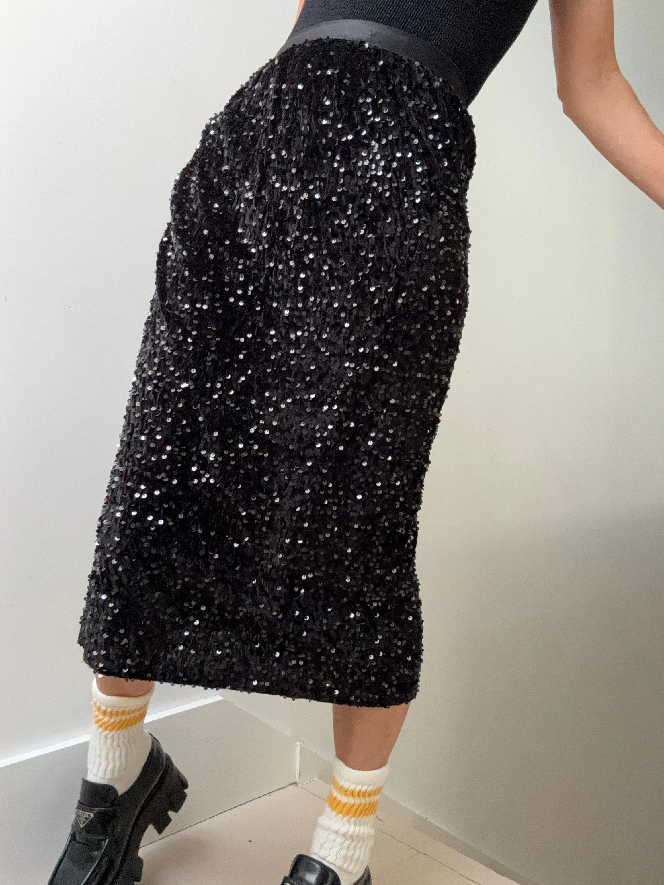 Black on Black Sequin Midi Skirt