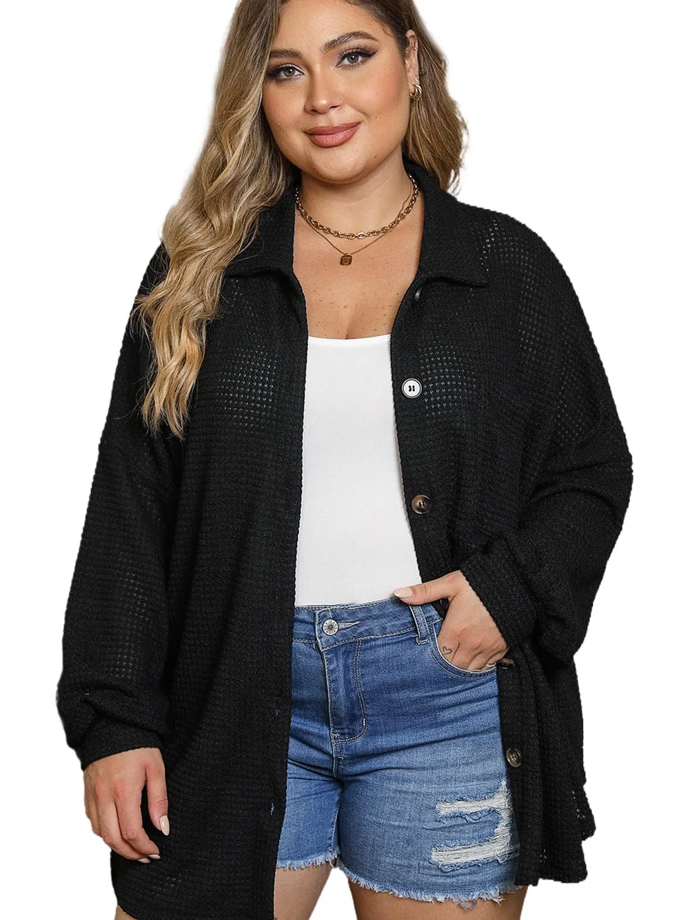 Black Plus Size Chest Pocket Waffle Knit Shirt