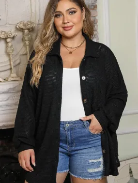 Black Plus Size Chest Pocket Waffle Knit Shirt