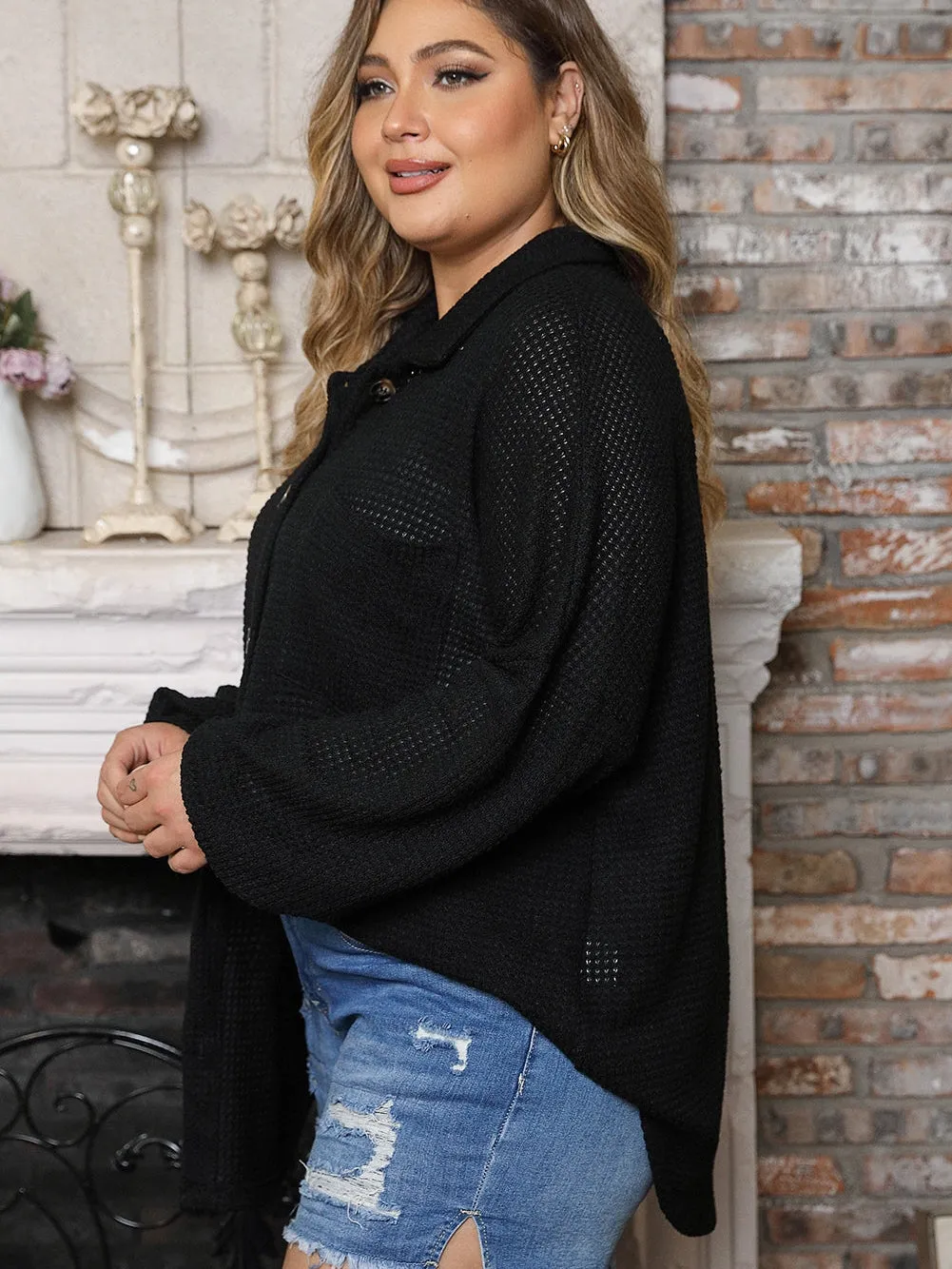 Black Plus Size Chest Pocket Waffle Knit Shirt
