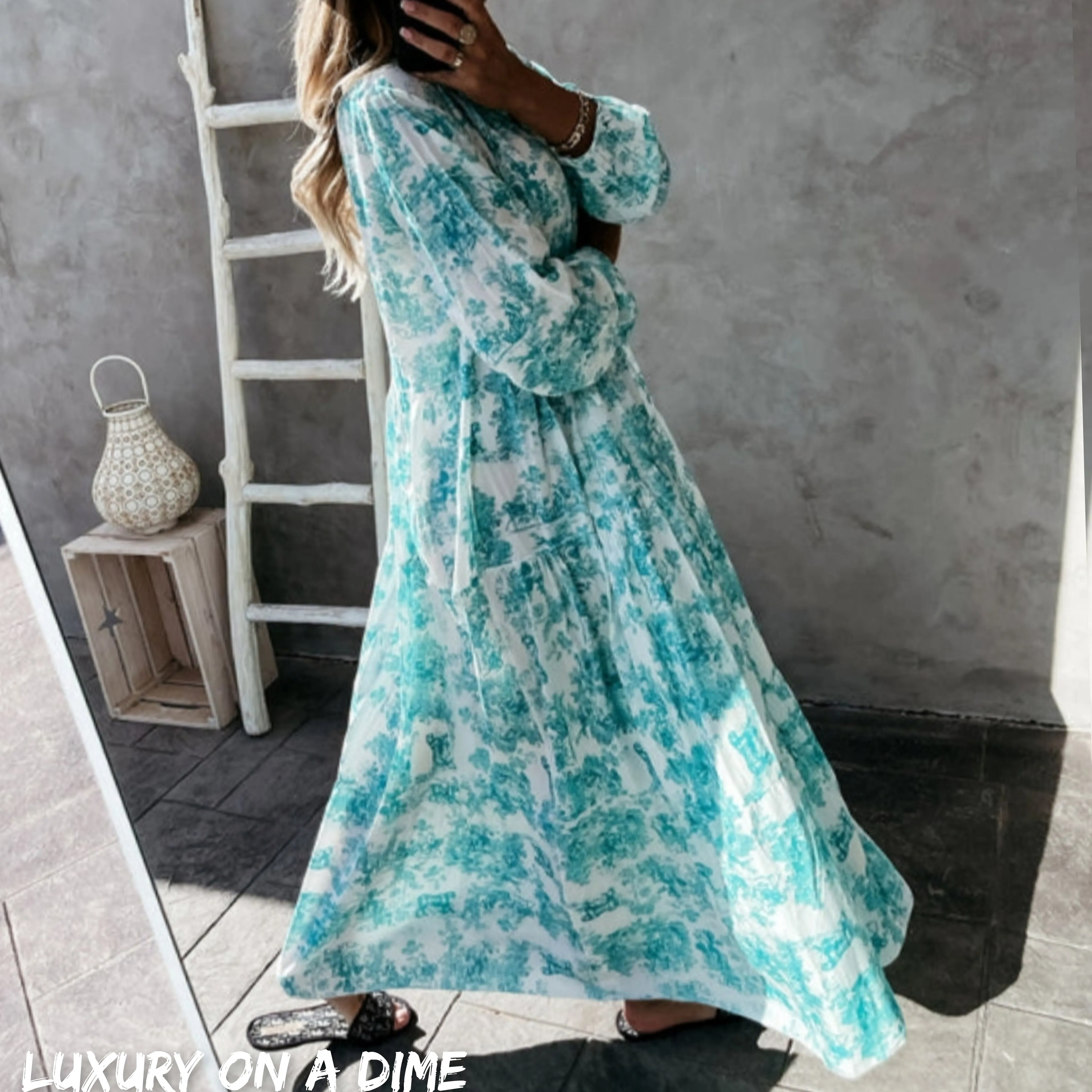 Boho Jungle Modest Ruffle Tie Mock Neck Long Sleeve Tiered Oversized Maxi Dress