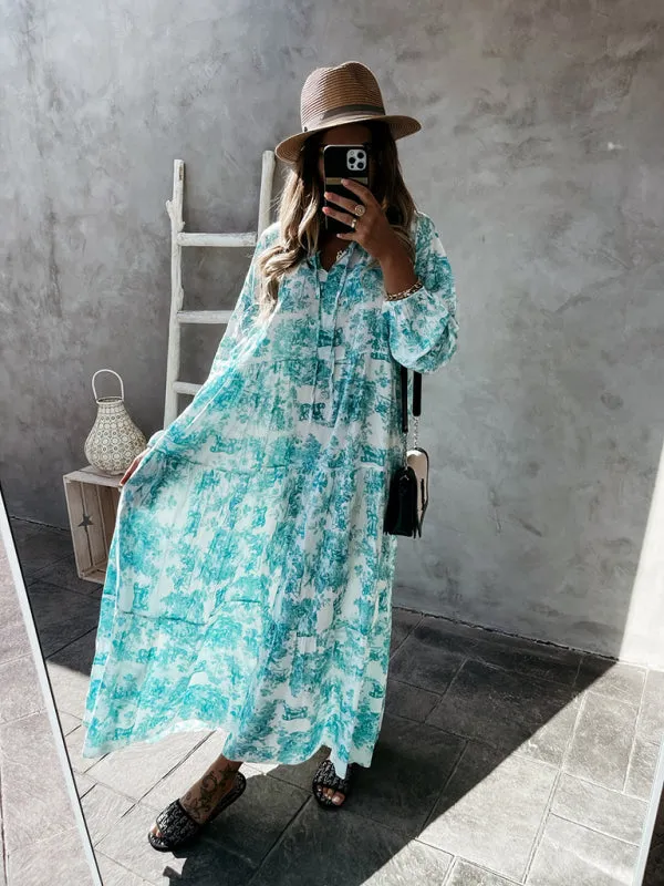 Boho Jungle Modest Ruffle Tie Mock Neck Long Sleeve Tiered Oversized Maxi Dress