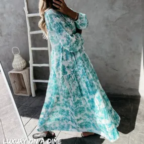 Boho Jungle Modest Ruffle Tie Mock Neck Long Sleeve Tiered Oversized Maxi Dress