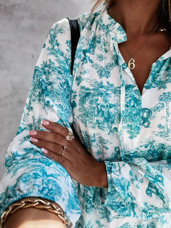 Boho Jungle Modest Ruffle Tie Mock Neck Long Sleeve Tiered Oversized Maxi Dress