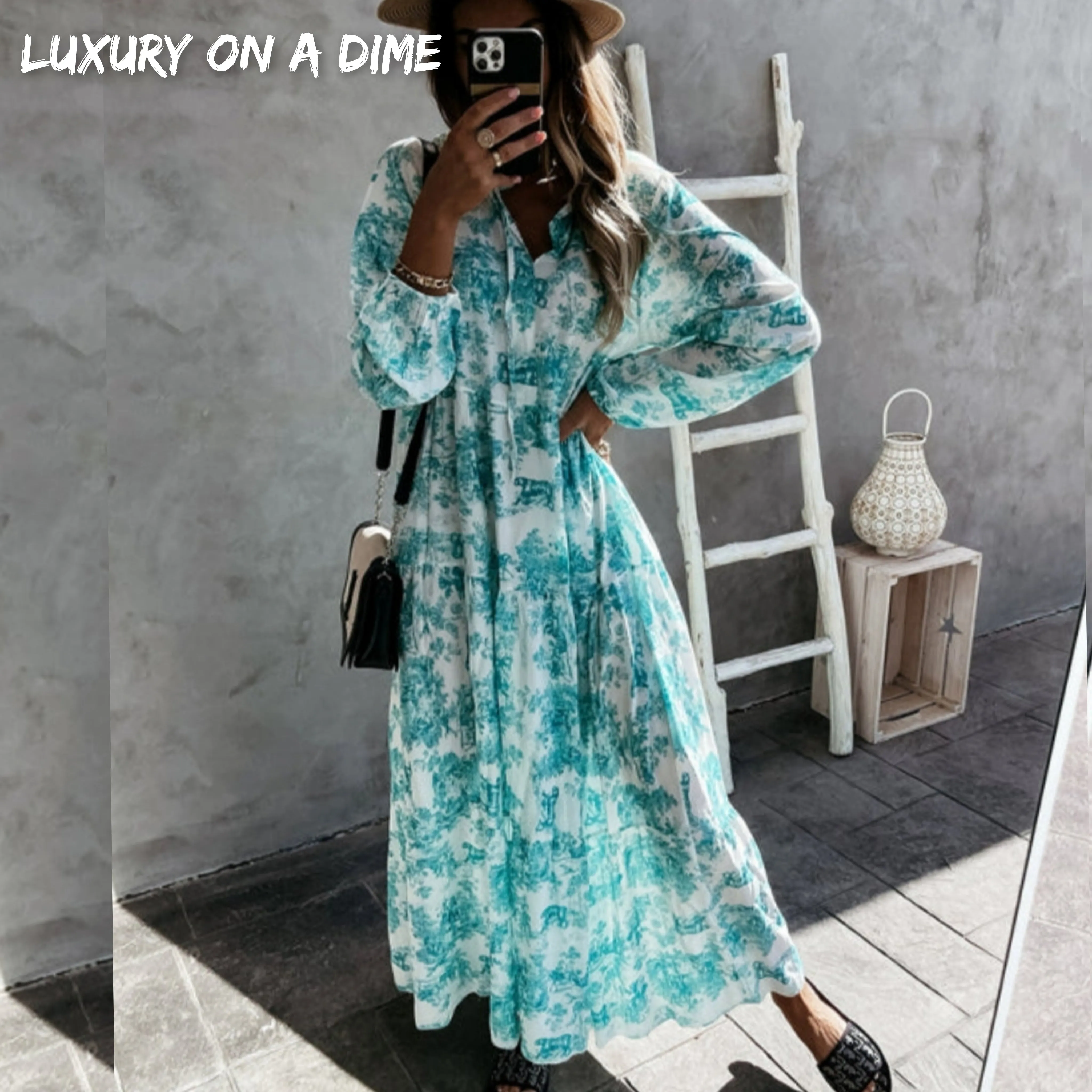 Boho Jungle Modest Ruffle Tie Mock Neck Long Sleeve Tiered Oversized Maxi Dress
