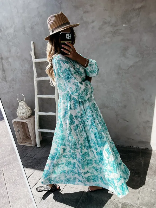 Boho Jungle Modest Ruffle Tie Mock Neck Long Sleeve Tiered Oversized Maxi Dress
