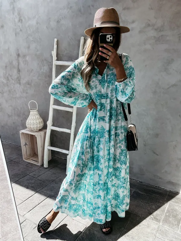 Boho Jungle Modest Ruffle Tie Mock Neck Long Sleeve Tiered Oversized Maxi Dress