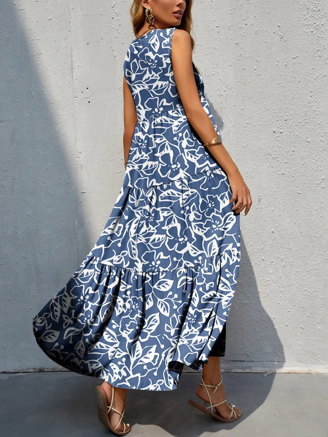 Bold Colorful Retro Floral Sleeveless Tiered V-Neck Oversized Summer Maxi Dress
