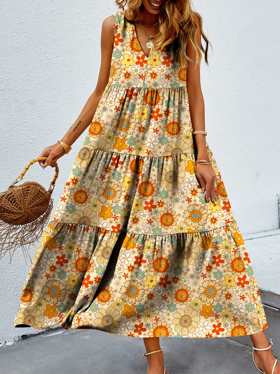 Bold Colorful Retro Floral Sleeveless Tiered V-Neck Oversized Summer Maxi Dress