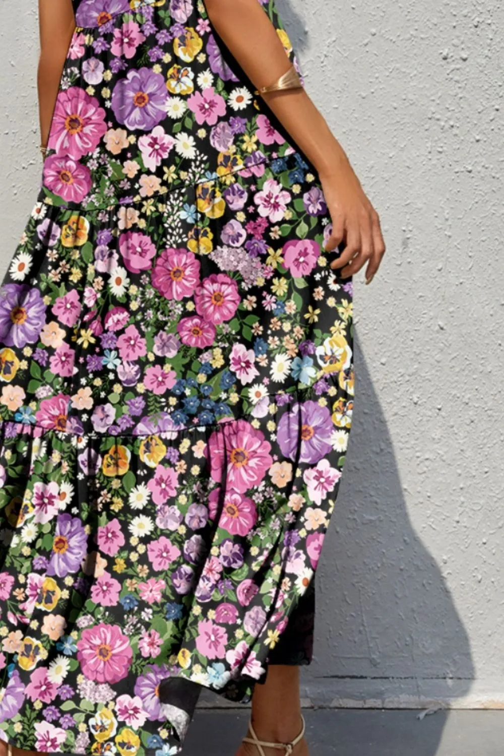 Bold Colorful Retro Floral Sleeveless Tiered V-Neck Oversized Summer Maxi Dress