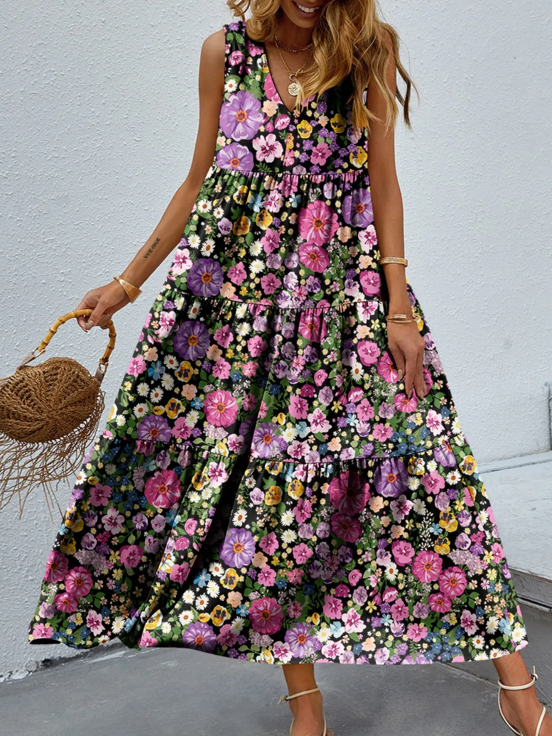 Bold Colorful Retro Floral Sleeveless Tiered V-Neck Oversized Summer Maxi Dress