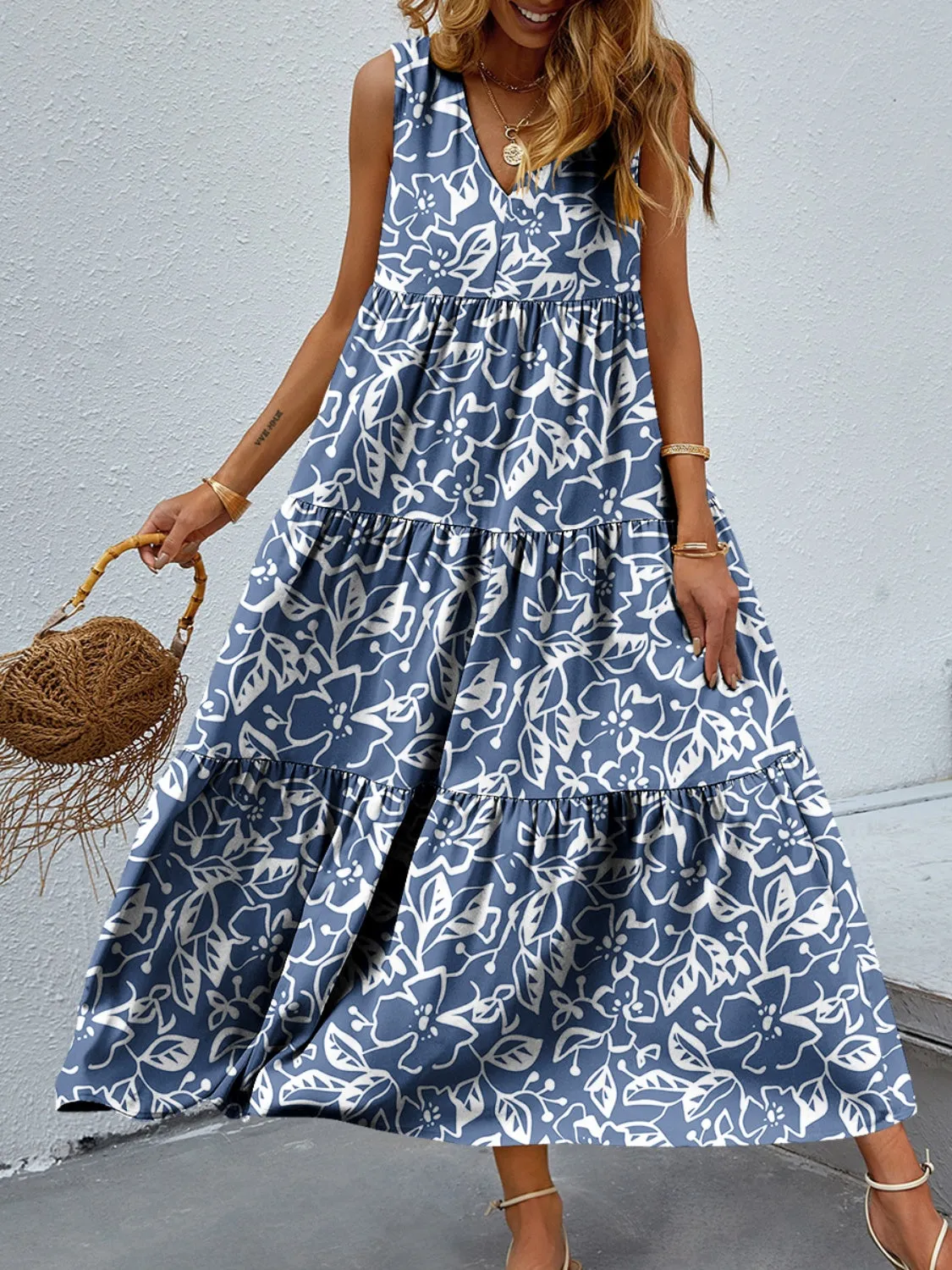 Bold Colorful Retro Floral Sleeveless Tiered V-Neck Oversized Summer Maxi Dress