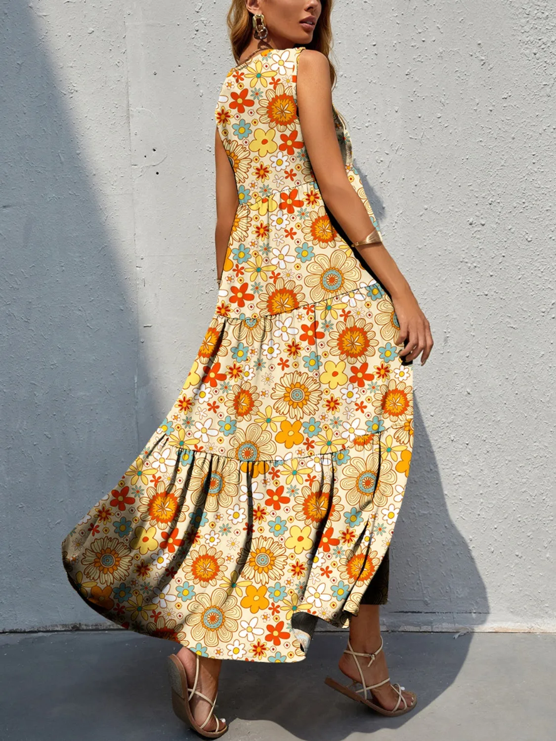 Bold Colorful Retro Floral Sleeveless Tiered V-Neck Oversized Summer Maxi Dress