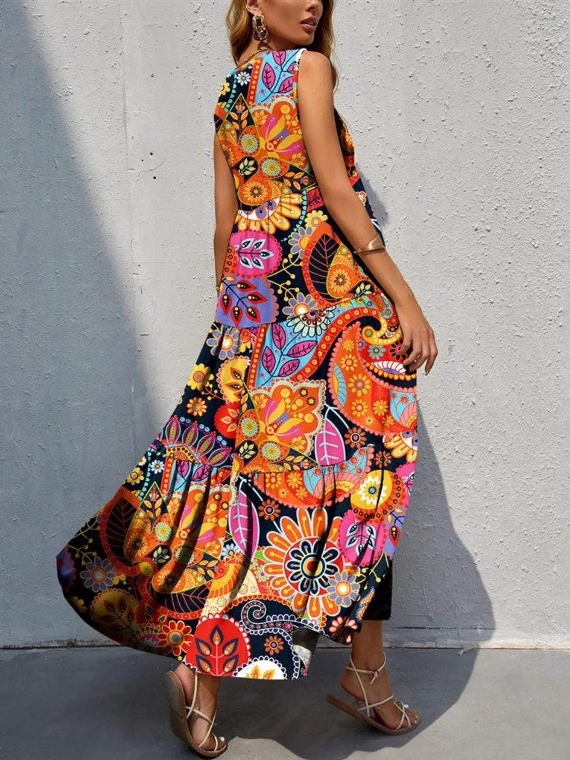 Bold Colorful Retro Floral Sleeveless Tiered V-Neck Oversized Summer Maxi Dress