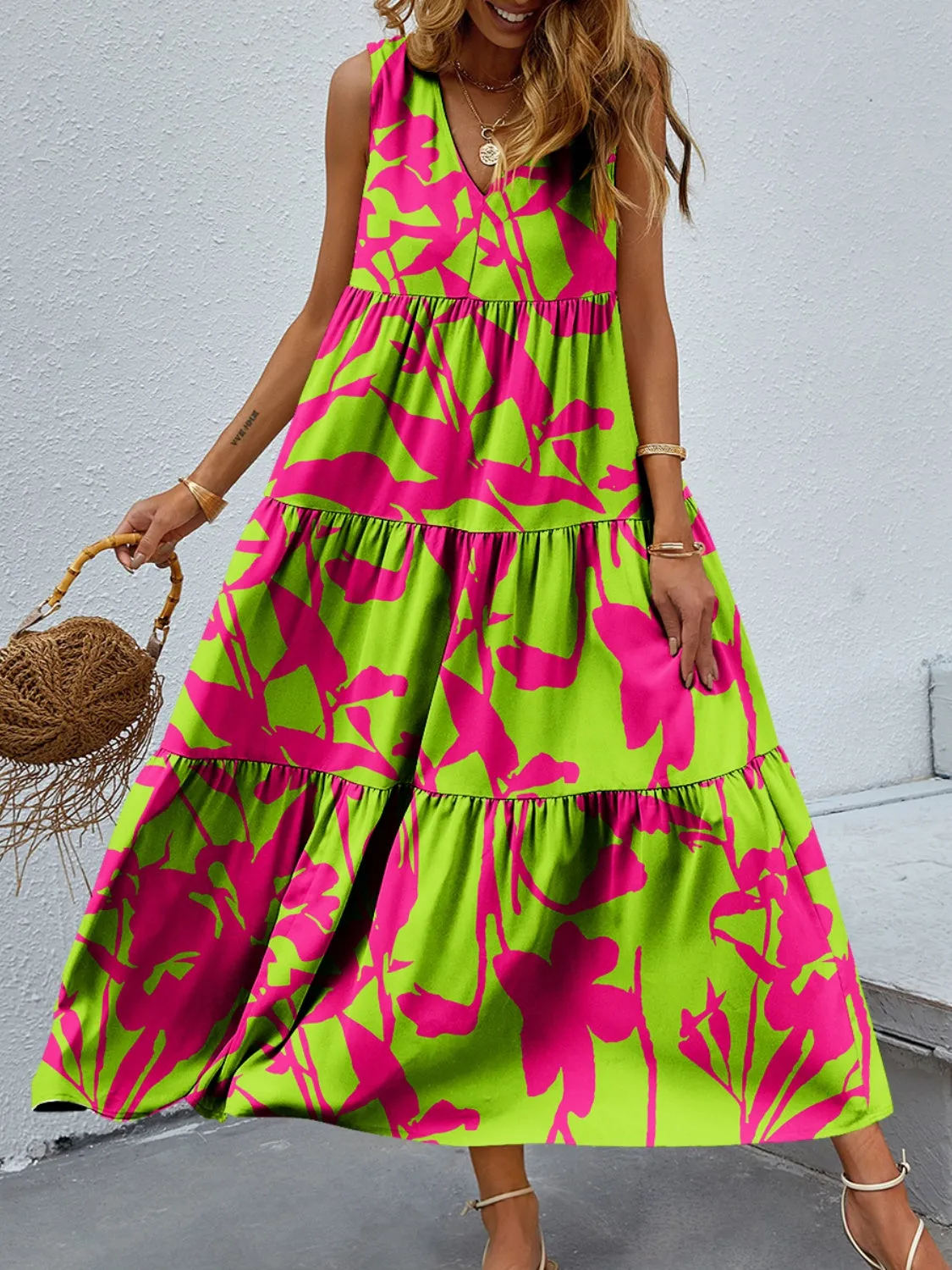 Bold Colorful Retro Floral Sleeveless Tiered V-Neck Oversized Summer Maxi Dress