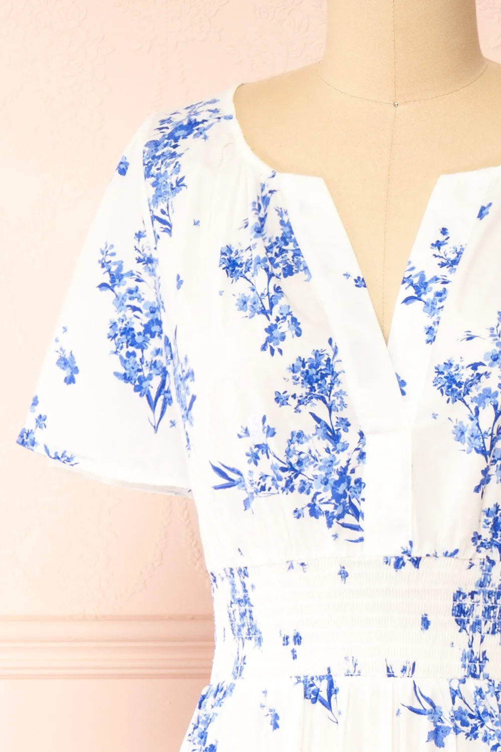 Claudia | White Maxi Dress w/ Blue Floral Pattern