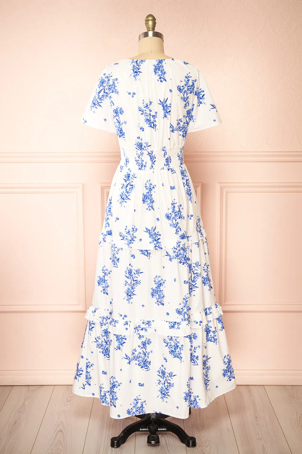 Claudia | White Maxi Dress w/ Blue Floral Pattern