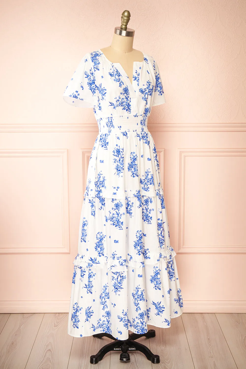 Claudia | White Maxi Dress w/ Blue Floral Pattern