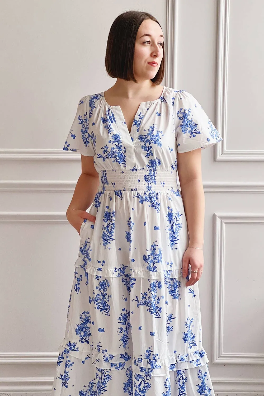 Claudia | White Maxi Dress w/ Blue Floral Pattern