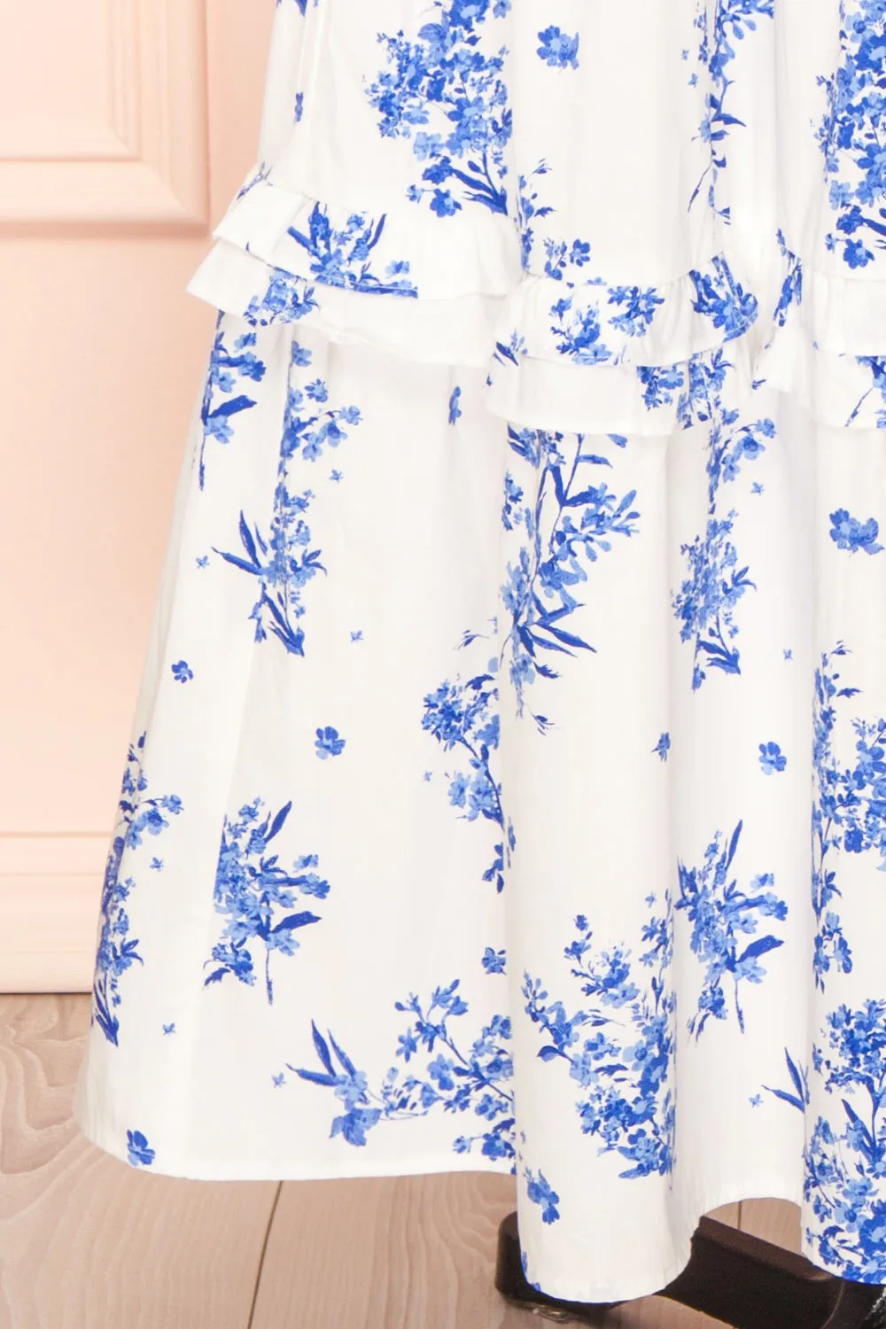 Claudia | White Maxi Dress w/ Blue Floral Pattern