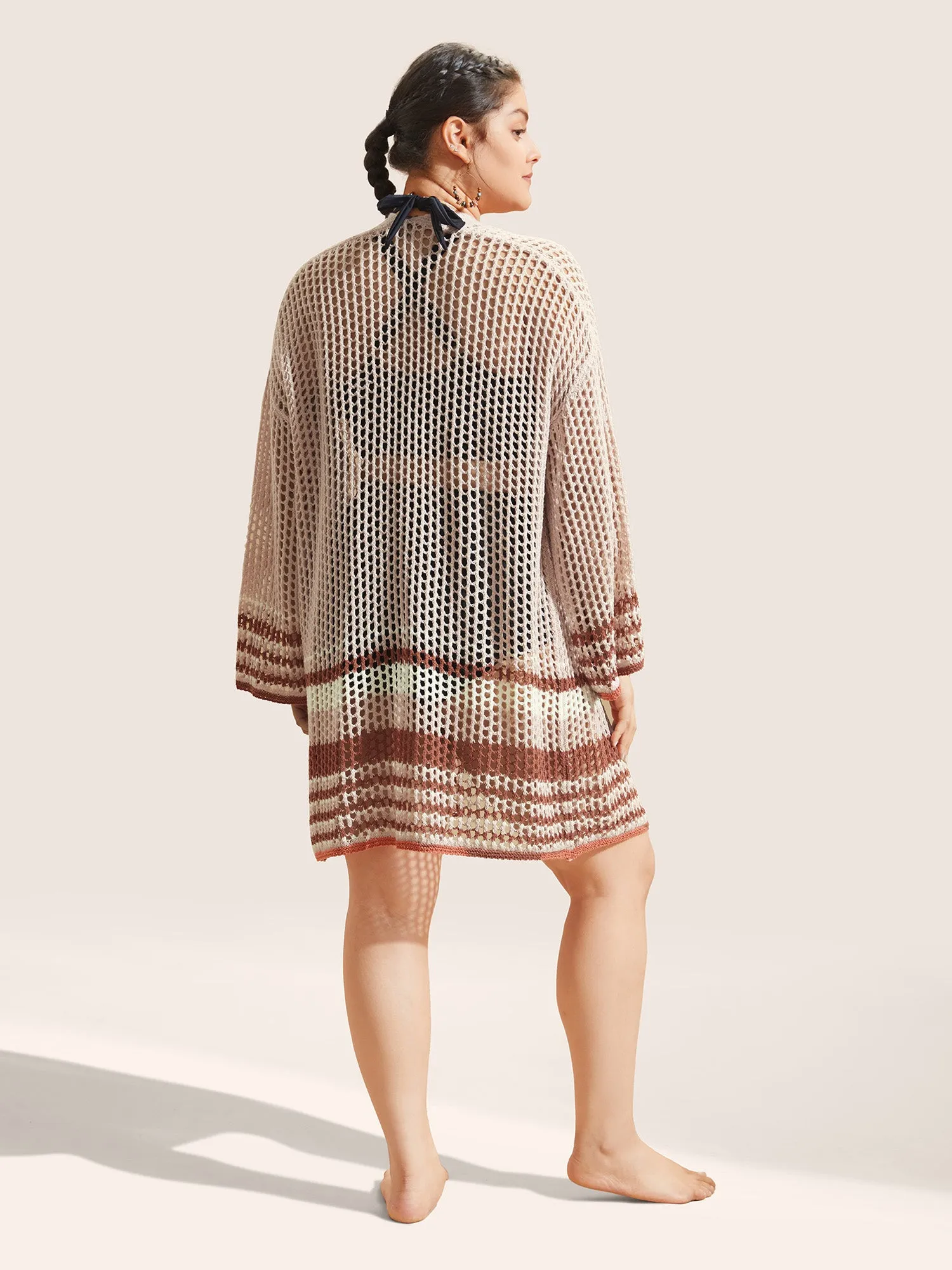 Contrast Striped Pointelle Knit Bell Sleeve Swim Cover Up