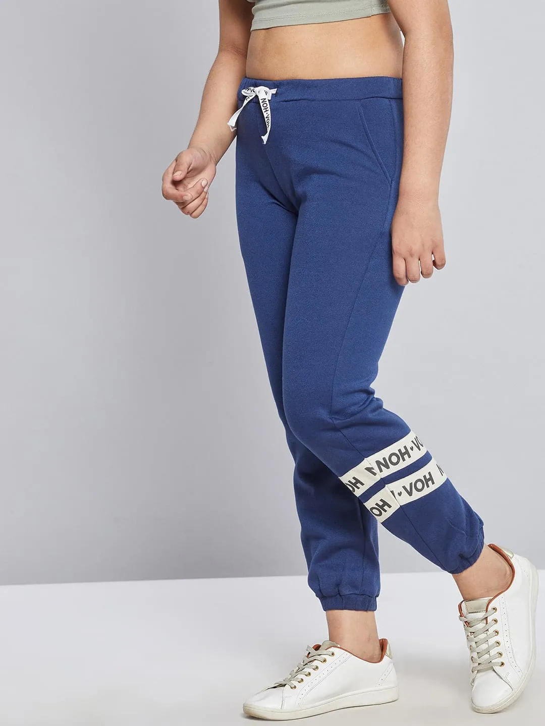 Girls Blue Fleece Brand Tape Joggers - Lyush Kids