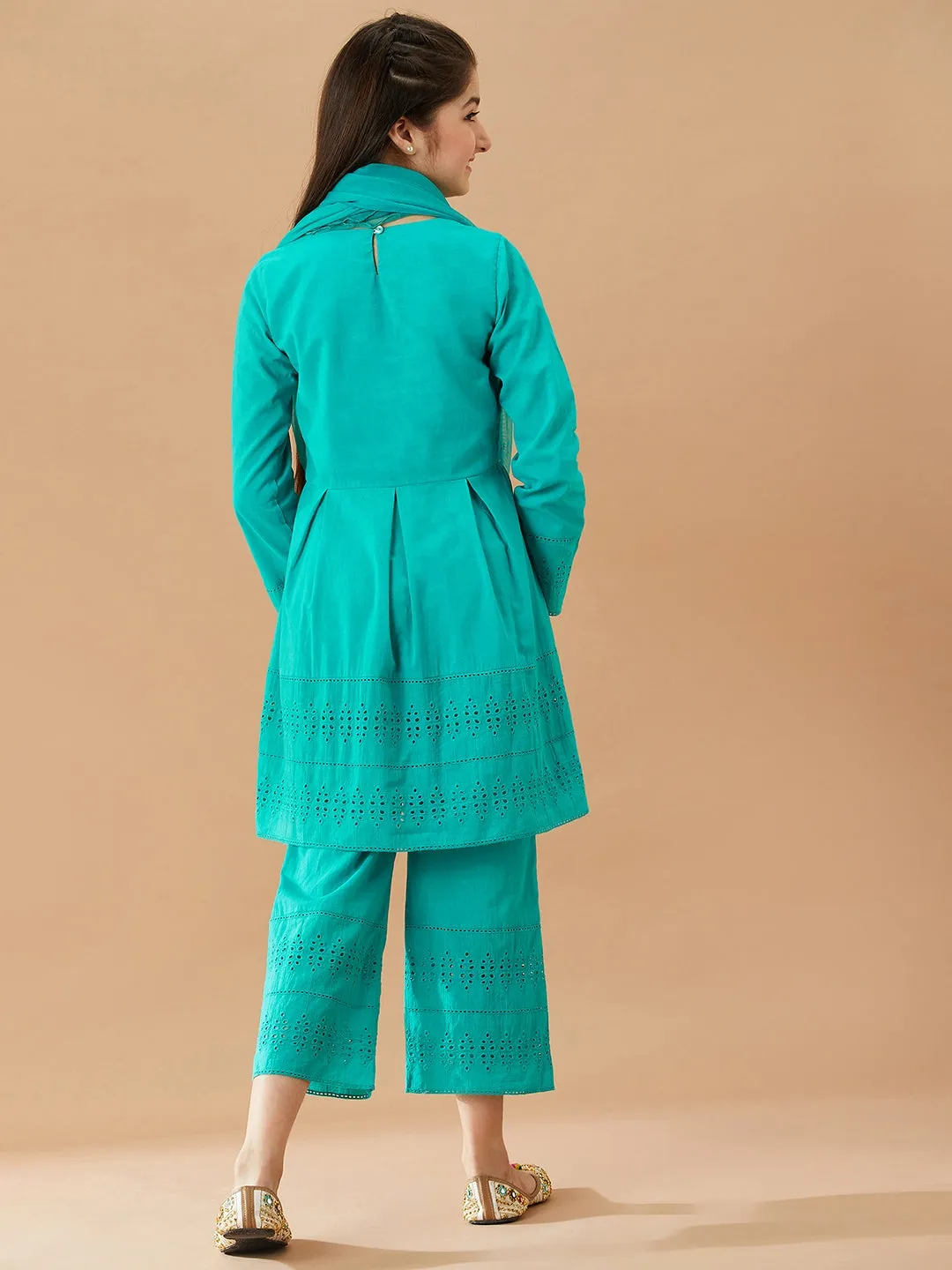 Girls Self Design Pure Cotton Tunic with Trousers (IW-TEALSCHIFFILY)