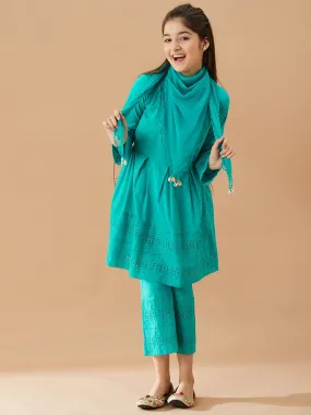 Girls Self Design Pure Cotton Tunic with Trousers (IW-TEALSCHIFFILY)