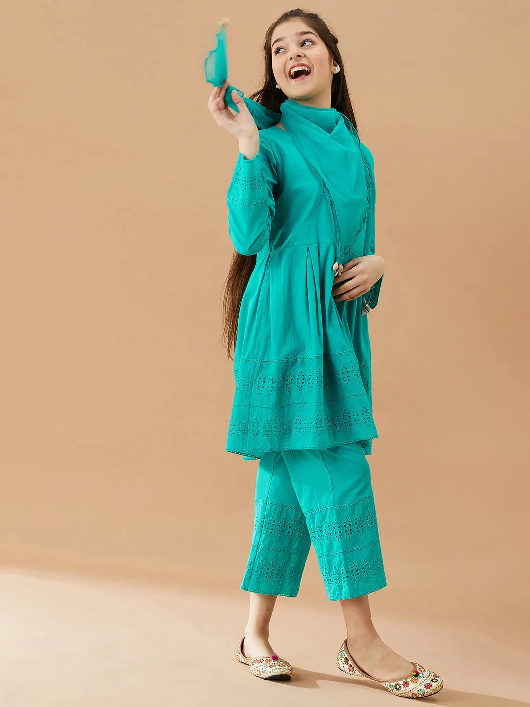 Girls Self Design Pure Cotton Tunic with Trousers (IW-TEALSCHIFFILY)