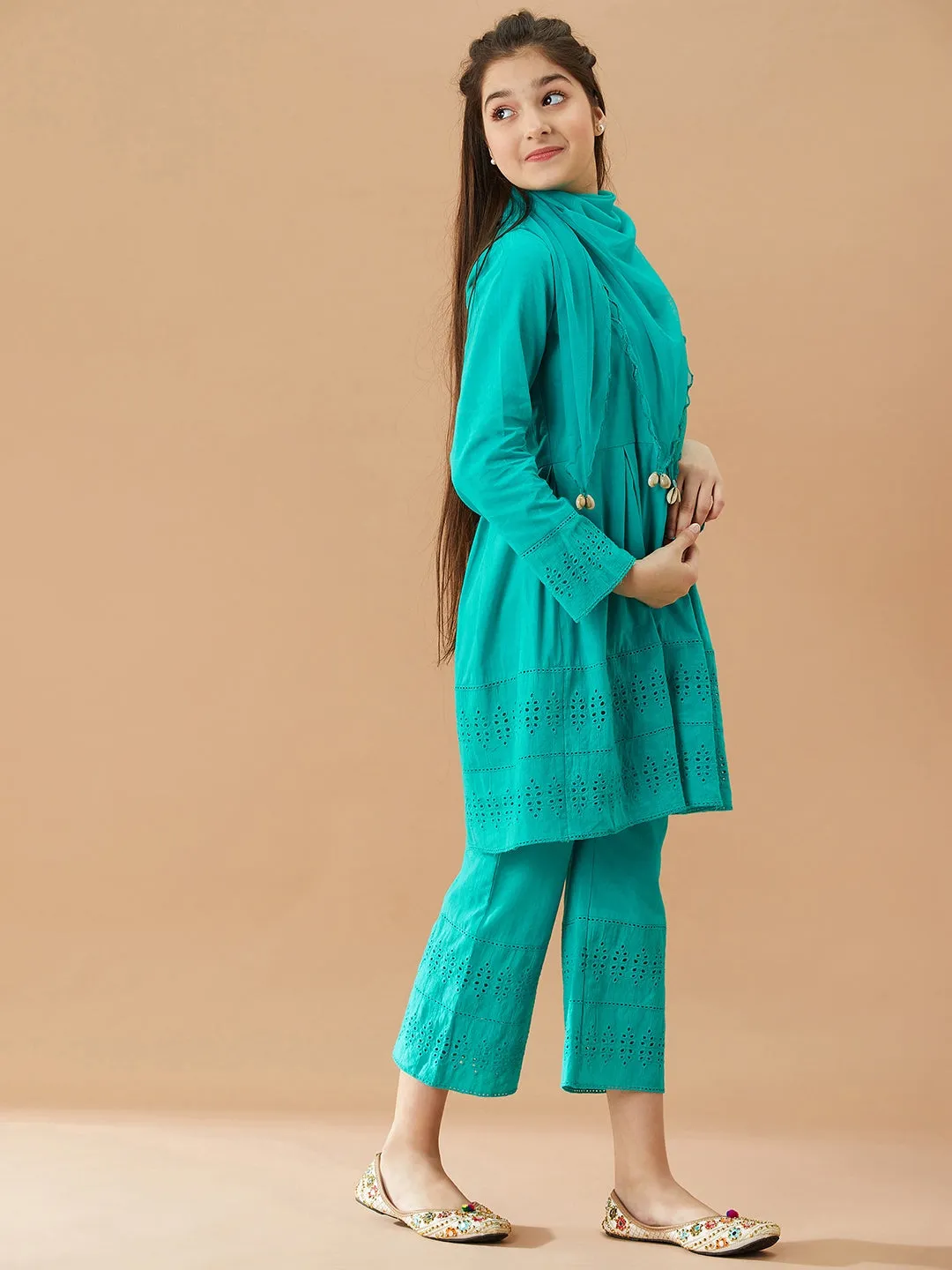 Girls Self Design Pure Cotton Tunic with Trousers (IW-TEALSCHIFFILY)