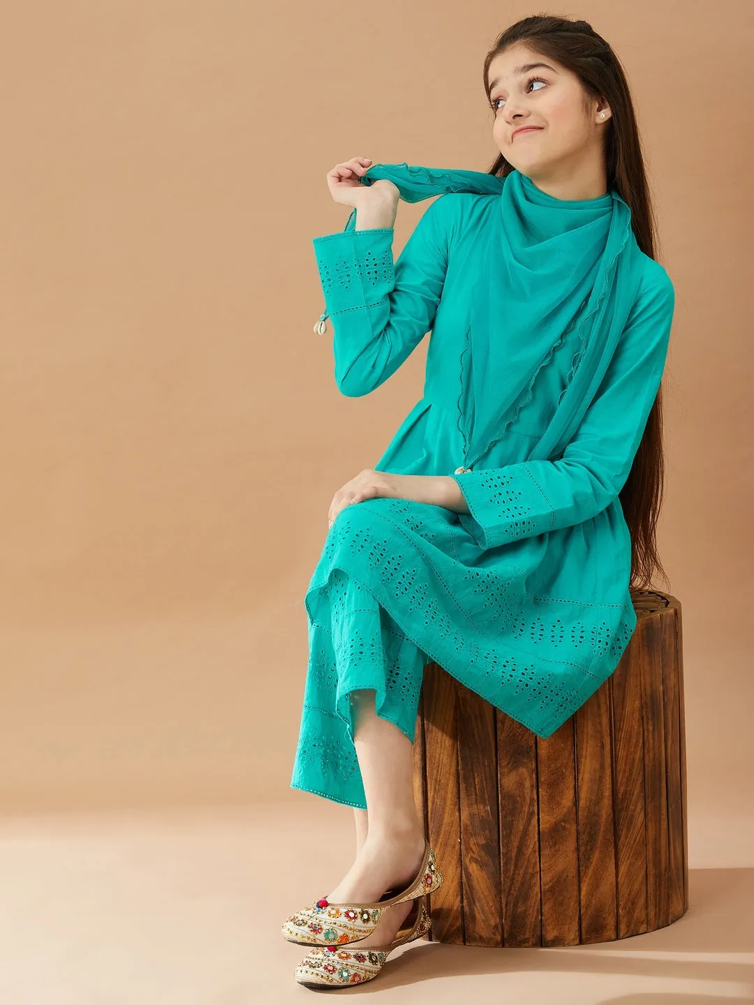 Girls Self Design Pure Cotton Tunic with Trousers (IW-TEALSCHIFFILY)